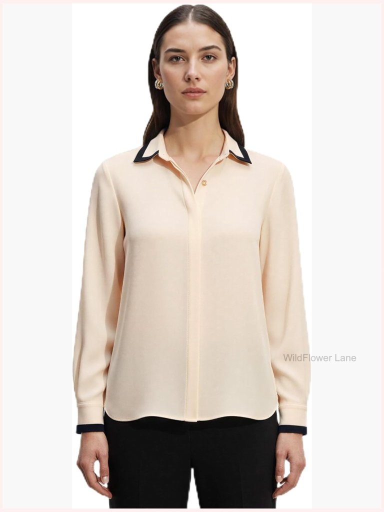 Long-Sleeve Button-Down Blouse With Contrast Tipping, 100% Polyester, Regular
